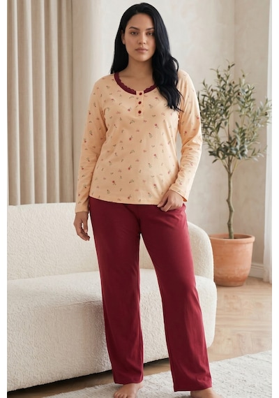 Siyah İnci Düğmeli Pamuklu Likralı Büyük Beden Battal Boy Örme Pijama Takım 26240901 Sarı
