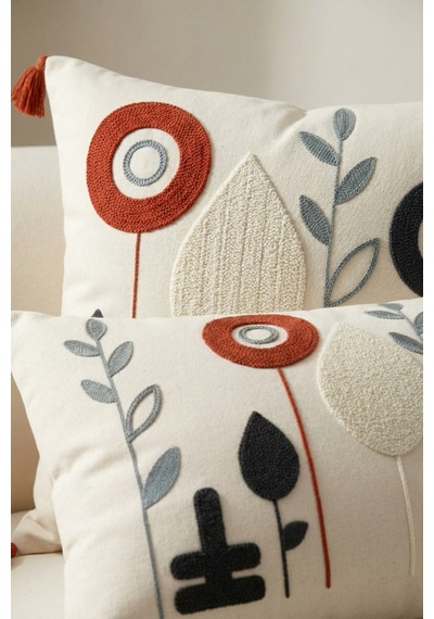 Luna Bahçesi Punch Nakışlı 3'lü Dekoratif Kırlent Kılıfı Seti 2 Adet 42x42 Cm + 1 Adet 35x55 Cm Bej