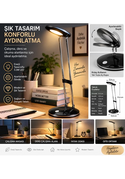 Led Masa Lambası 3.3w 180 Lumen 3000k Sıcak Siyah Ayarlanabilir Başlıklı Çalışma Ve Ders Lambası