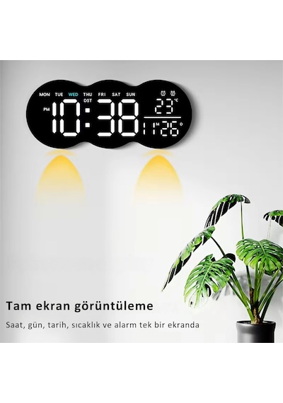 Etashop Uzaktan Kumandalı Bulut Led Duvar Saati Ortam Işıklı Büyük Dijital Ekran Çift Alarm Sıcaklık Siyah