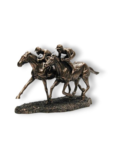 Veronese Bronz Renk Yarışan Atlı Jokey At Figürü 32cm