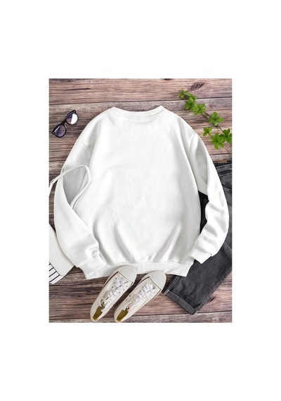 Tarzsokak Lune Cartoon Cat Print Lined Sweatshirt Beyaz