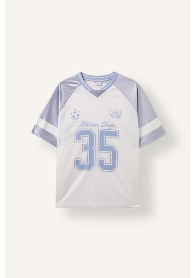 Defacto Oversize V Yaka Raglan Kol Baskılı Sporcu Tül Tişört I3135ax26auer105 Ekru-er105