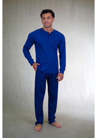 Estiva Erkek Kareli İndigo Patlı İnterlok Pijama Takımı Çok Renkli
