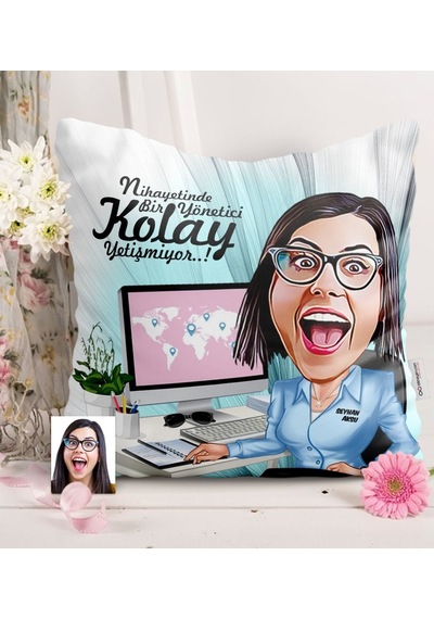 Kişiye Özel Bayan Genel Müdür Karikatürlü Saten Yastık - 1