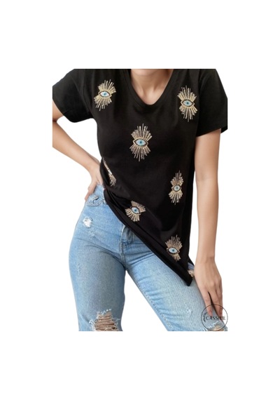 Cassime Kadın Kadın Siyah V Yaka Göz Pul Ve Nakış Işlemeli Tişört S-m-l-xl-2xl-3xl