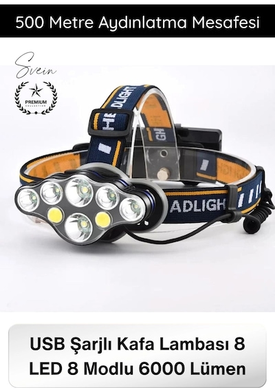 Kafalambası Usb Şarjlı Kafa Lambası 8 Led 8 Modlu 6000 Lümen Su Geçirmez Profesyonel Kafa Feneri Co Çok Renkli