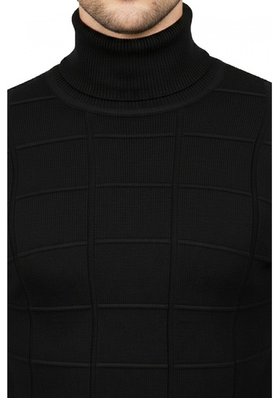 Deepsea Erkek Siyah Kare Desenli Balıkçı Yaka Slim Fit Boğazlı Triko Kazak 2505493 Siyah