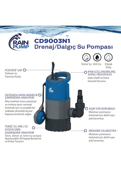 Rainpump Cd9003n1 Plastik Gövdeli Düşük Emiş Drenaj Dalgıç Pompa