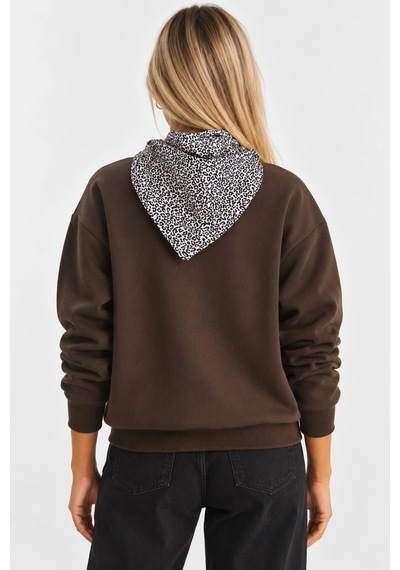 Mevese Bisiklet Yaka Nakışlı Kadın Sweatshirt - Üç İplik Şardonlu Oversize Şık Tasarım - Acı Kahve Kahverengi