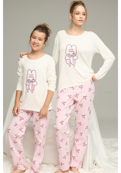 Siyah İnci Pamuklu Bisiklet Yaka Örme Pijama Takım 25241147 Ekru