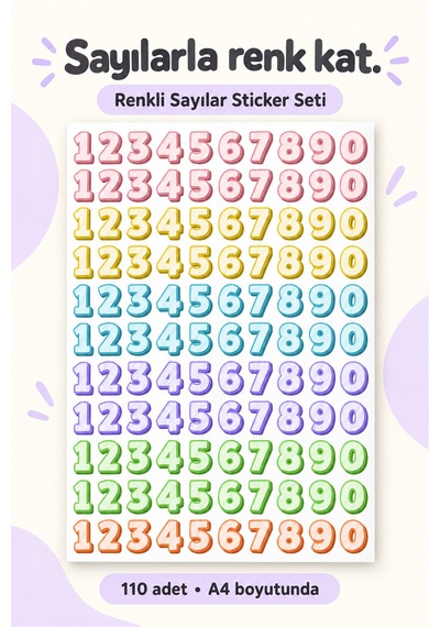 Renkli Sayılar Sticker Seti 110 Adet Parlak Baskı A4 Boyut Çok Renkli