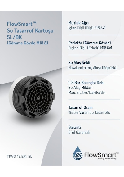 Flowsmart Gömme Su Tasarruflu Aeratör 5 L/dk. Øm18.5 %75 E Varan Su Tasarrufu