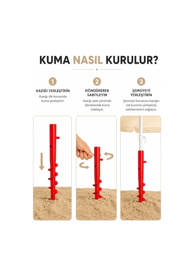 Krem 2 Metre Bahçe - Plaj Şemsiyesi 10 Telli, Sabitleme Kazık Bej