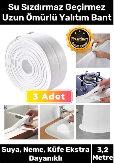 Premium Su Geçirmez Sızdırmaz Dayanıklı Lavabo Pvc Yağ Kenar Küf Önleyici 3.2m 3 Adet İzolasyon Bant