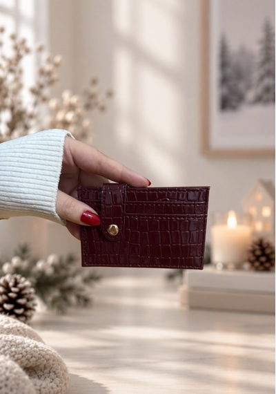 Elpida Bags Kadın Parlak Kroko Dokulu Çıtçıtlı Kartlık Bordo