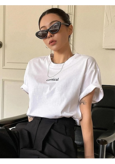Kadın Beyaz Classical Ön Baskılı Oversize T-shirt Beyaz