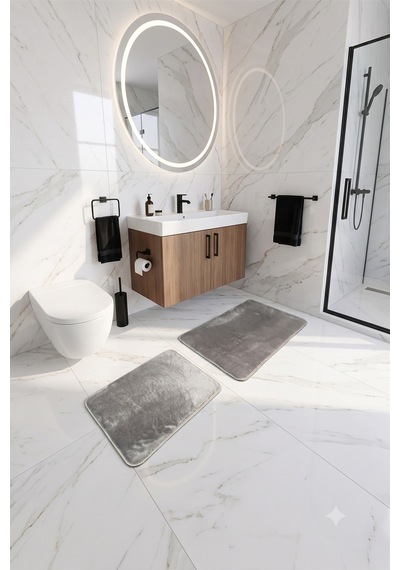 2'li Peluş Post Banyo Halısı Klozet Takımı Kaymaz Taban Yıkanabilir Banyo Paspası Gri Gri