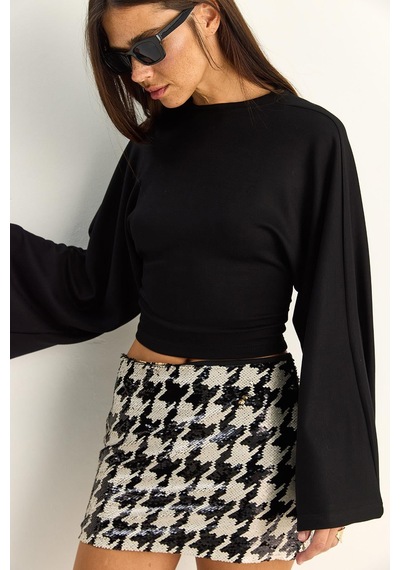 Shade Kadın Belden Oturtmalı Drapeli Geniş Kol Crop Bluz 1093 60286119 - Siyah