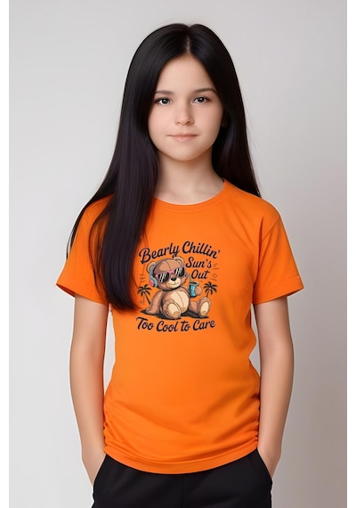 Fyk Kids Kız Çocuk Yuvarlak Yaka Baskılı Bearly Chillin Alt-üst Pijama Takımı Turuncu