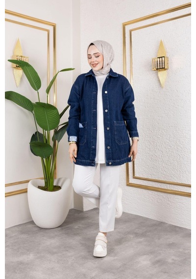 Harman Butik Kadın Cepli Düğmeli Kot Ceket Lacivert Lacivert