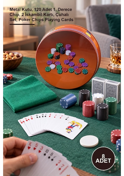 8 Adet Poker Oyunu Metal Kutu, 120 Adet 1. Derece Chip, 2 İskambil Kartı, Çuhalı Set, Poker Chips Playing Cards
