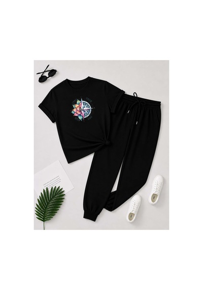 Herkesemoda Stay True Baskı Detaylı T-shirt Eşofman Takımı Siyah