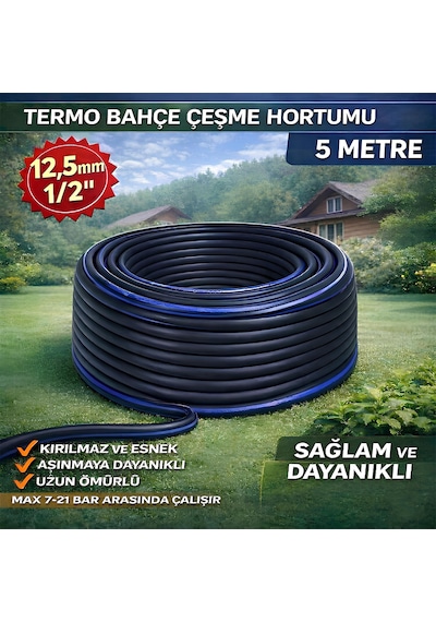 Termo Kauçuklu Bahçe Hortumu 5 Metre Dayanıklı 3 Katlı Sağlam Su Sulama Yıkama Hortum 12.5 Mm 1/2"