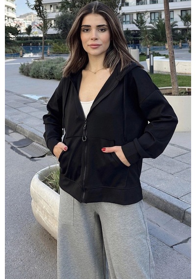 WeShaya Kadın Siyah Kapüşonlu, Fermuarlı, Cepli, Regular Kesim Sweatshirt Siyah