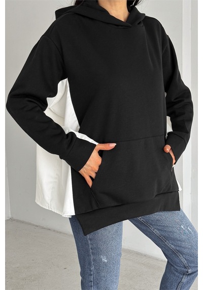 Femelle Kadın Siyah Standart Beden Oversize Kalıp Cepli Tasarım Sweatshirt