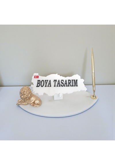 Doğal Beyaz Mermer Masa Ofis İsimlik Kalem Ve Aslanlı