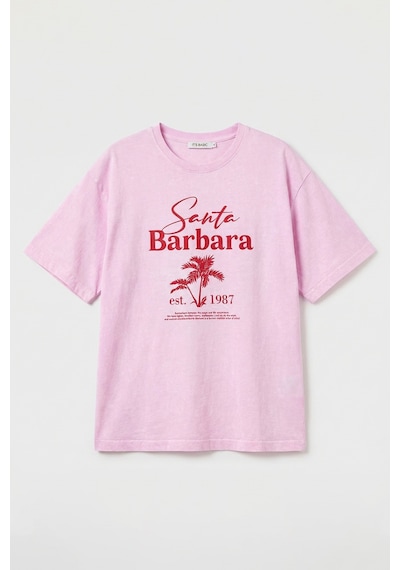 it's basic Kadın Pembe S6-98 Oversize Santa Barbara Baskılı %100 Koton T-shirt