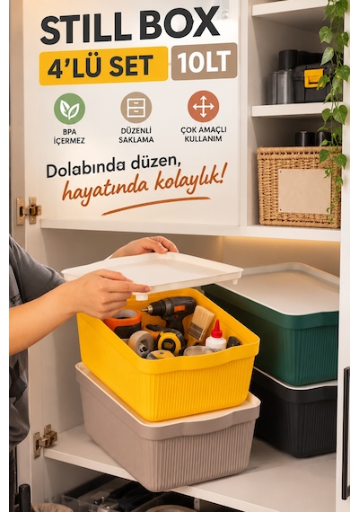 Porsima 4516 Mix Still Box 4'lü Kapaklı Çok Amaçlı Saklama Kutusu Seti 10 Lt Mutfak & Buzdolabı Düzenleyici Kutu Çok Renkli