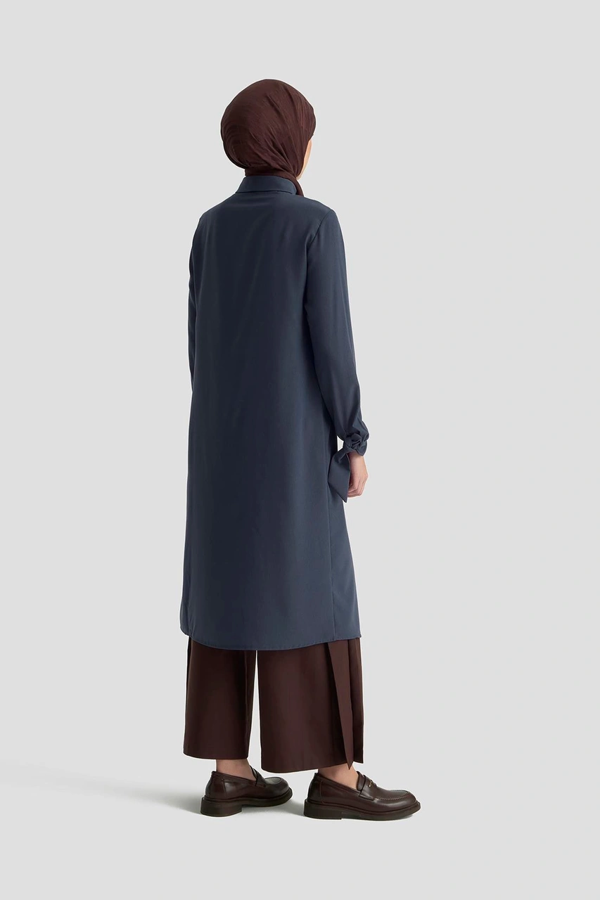 Armine Trend Gizli Düğmeli Kol Detaylı Gömlek Yakalı Tunik İndigo 25yt4158 Indigo