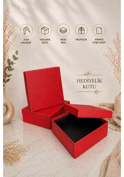Kolix Kırmızı Düz Hediye Kutusu 2'li Sert Hediyelik Kutu Hediye Paketi 19x19x8 Cm