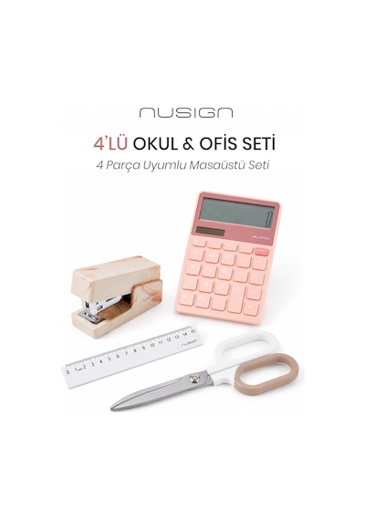 Nusign Hesap Makinesi &zımba & Makas Kırtasiye Seti - Pembe