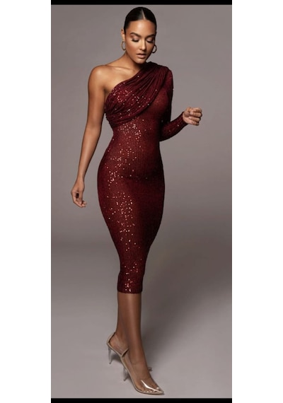 Hanife Glam Couture Hanife Glam Pulpayet Işlemeli Tek Kollu Midi Elbise Bordo