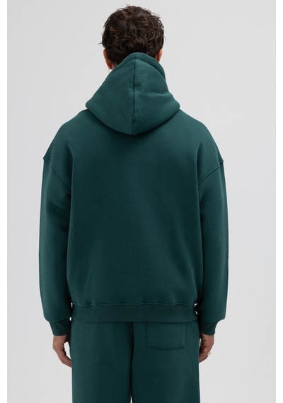 Vamos Basic Fermuarlı Oversize Kapüşonlu Sweatshirt Nefti Yeşil