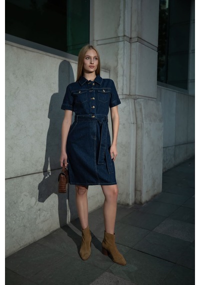 Banny Jeans Kadın Kısa Kol Lacivert Jean Elbise 001 Lacivert L