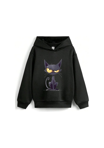 Stil X Sevimli Kediler Baskılı Kapüşonlu Çocuk Sweatshırt Siyah-5