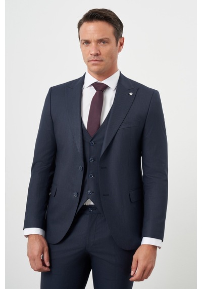 Morven Erkek Lacivert Poliviskon Trend Yelekli Çizgili Desen Slim Fit Sivri Yaka Takım Elbise Lacivert Morven Erkek Lacivert Poliviskon Trend Yelekli Çizgili Desen Slim Fit Sivri Yaka Takım Elbise Lacivert
