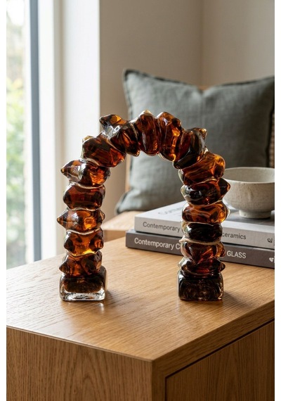 22 Cm Kristal Obje - El Yapımı Modern Organik Kemer Cam Dekoratif Heykel Koyu Kehribar