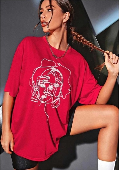 Kozia Outdoors Malkoçbey Kadın Yüz Figür Detaylı Basic Oversize Unisex T-shirt Kirmizi