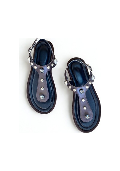 Ne&ve Shoes Kahve Hakiki Deri Kadın Parmak Arası Taşlı Sandalet Kahverengi