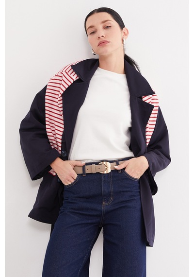 Fullamoda Pelerinli Kuşaklı Geniş Kol Oversize Trençkot Lacivert