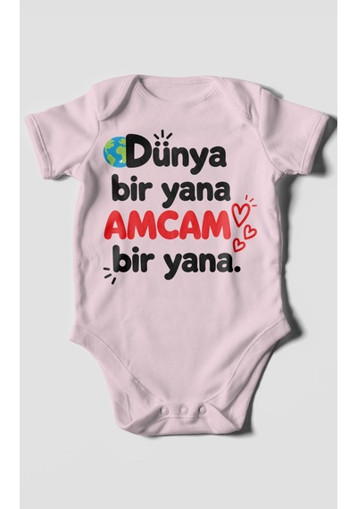 Morivokids Dünya Bir Yana, Amcam Bir Yana Kısa Kollu Bebek Body %100 Pamuk Bebe Pembe
