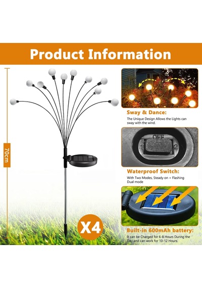 Solar Bahçe Lambaları, 4 Adet 10 Led Ateş Böceği, Solar Lamba,