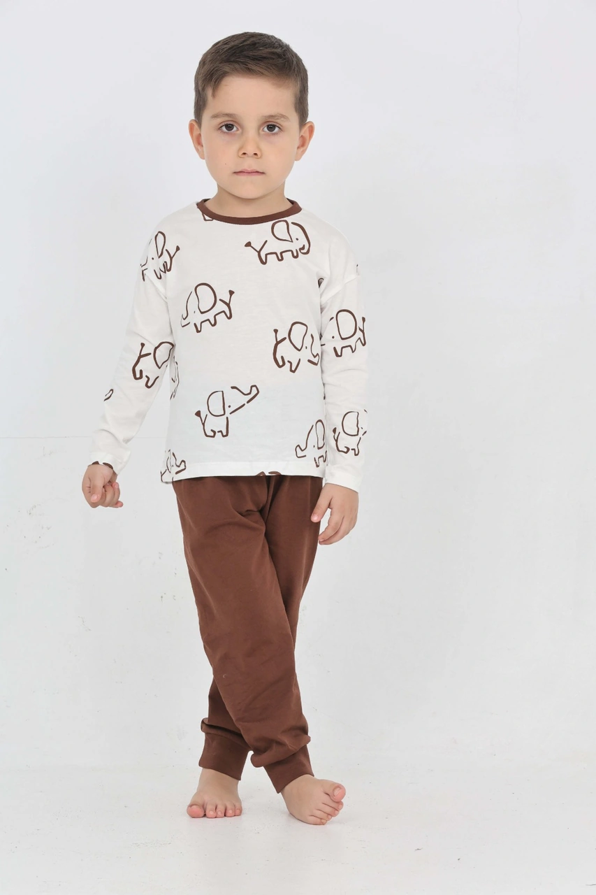 Toontoy Kids Toontoy Erkek Çocuk Fil Pano Baskılı Pijama Takım Kahve