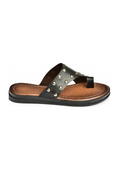 Fox Shoes Y390450403 Siyah Hakiki Deri Zımba Detaylı Kadın Terlik