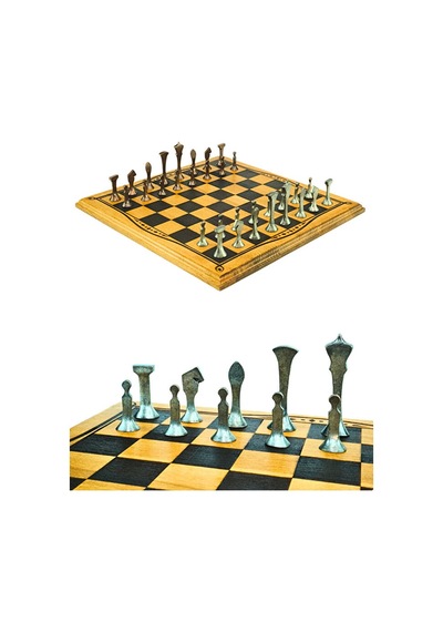 Mc46 Büyük Boy Metal Satranç Takımı 37x37cm Doğal Ahşap Kayın Tahta El Yapımı Antik Metal Taşlar